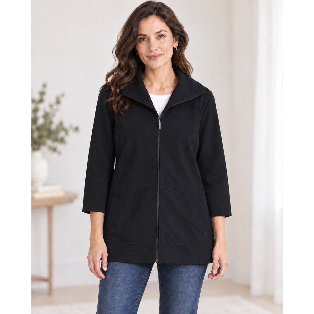 Dana Buchman Black Zip Up Jacket Vtg XL Capsule Clean Girl Funnel Collar USA